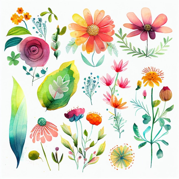 Set flowers and leave painting watercolor floral illustration created with Generative AI technology