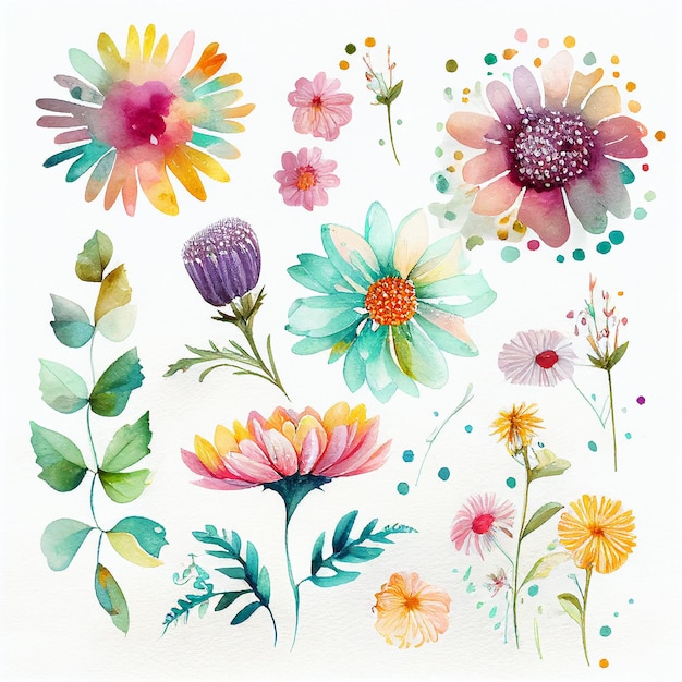 Установите цветы и оставьте рисовать акварельные цветочные иллюстрации, созданные с помощью технологии Generative AI
