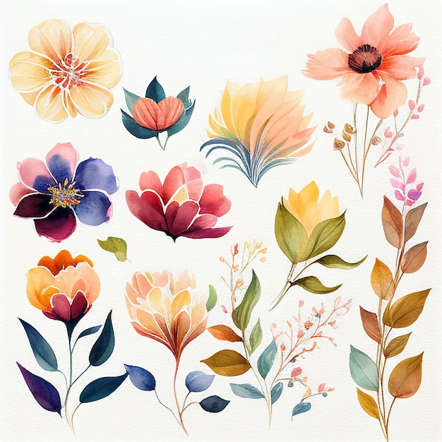 Photo set flowers and leave painting watercolor floral illustration created with generative ai technology