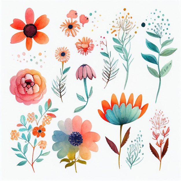 Photo set flowers and leave painting watercolor floral illustration created with generative ai technology