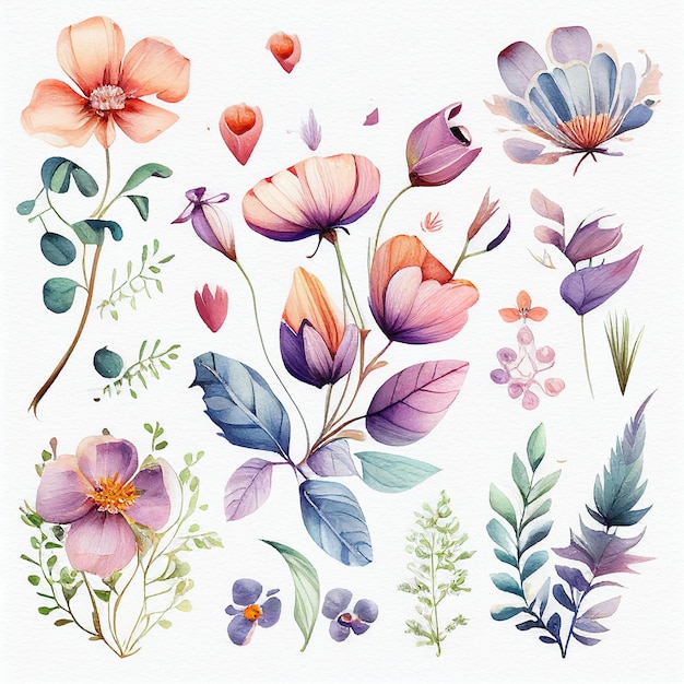 Set flowers and leave painting watercolor floral illustration created with Generative AI technology