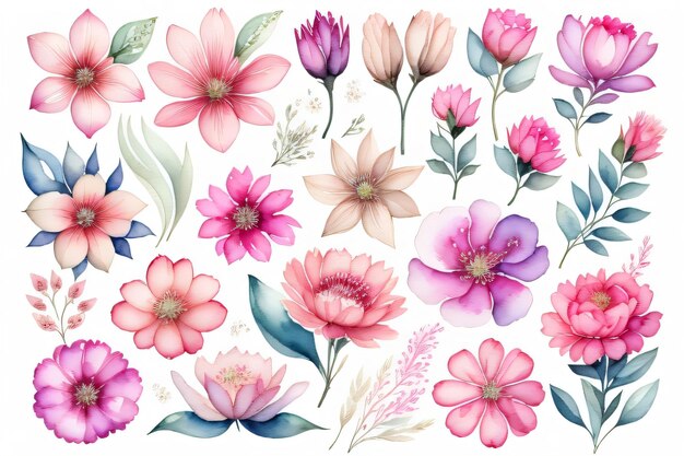 Set flowers and leave painting watercolor floral illustration