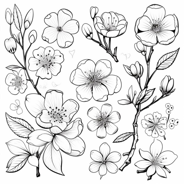 Photo a set of flowers and leaves drawn in ink on a white background generative ai