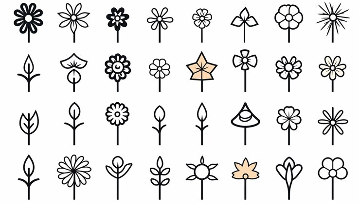 Photo a set of flowers and leaves drawn in a line on a white background generative ai
