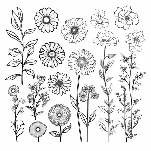 Photo a set of flowers and plants drawn in black and white generative ai