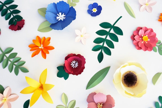 Set of flowers and plants made out of paper