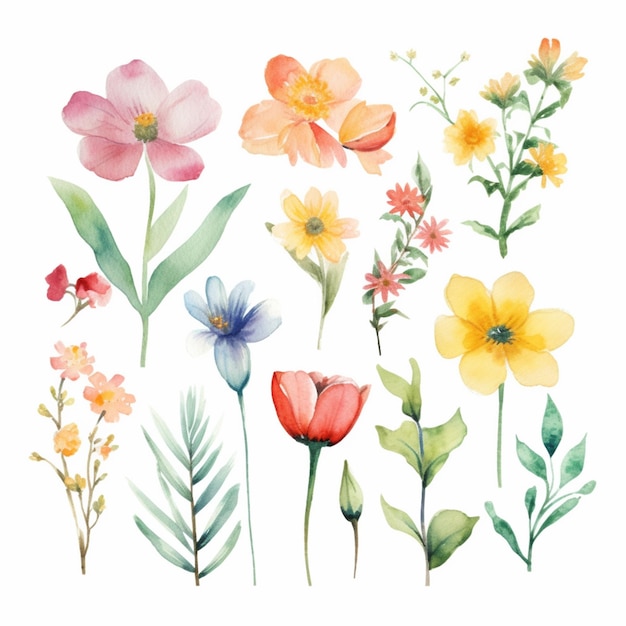 A set of flowers on a white background