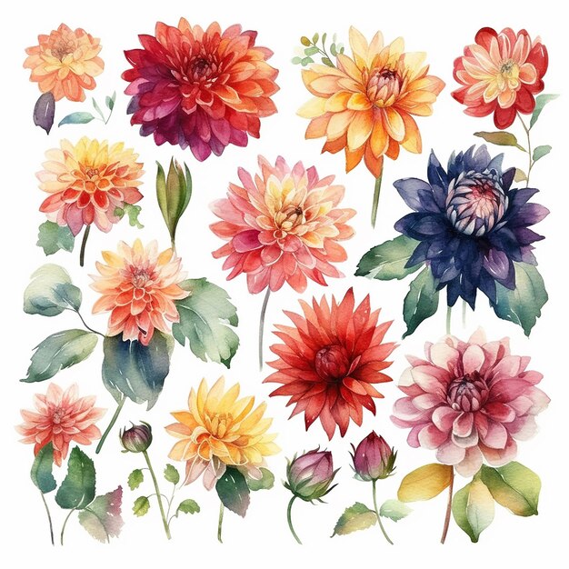 A set of flowers with the word dahlia on the bottom.