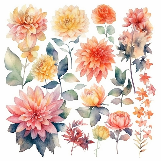 A set of flowers with the word dahlia on a white background