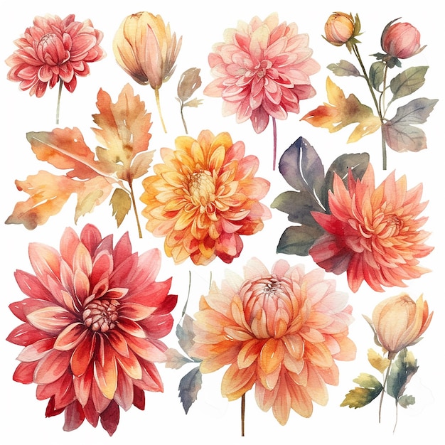 A set of flowers with a yellow and orange dahlia