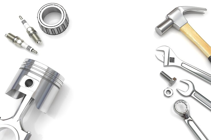 Photo set fo tools and gear on white background