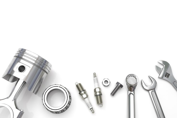 Photo set fo tools and gear on white background.