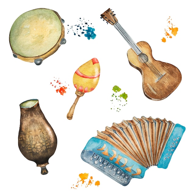 Foto insieme dell'illustrazione dell'acquerello degli strumenti musicali popolari