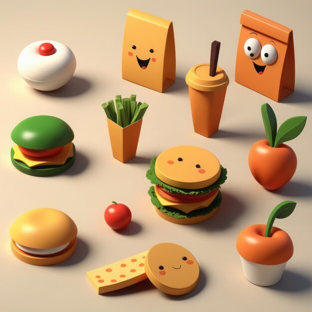 Photo set of food and drink cartoon character with food hamburger cheese tomato burger burger