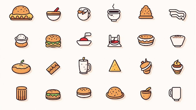 Photo a set of food and drink icons in a flat line style generative ai