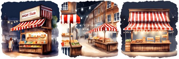 Photo set of food night fair watercolor hand painted illustration