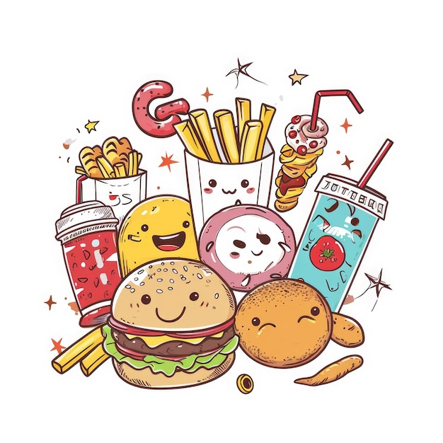Photo set of food various style cartoon