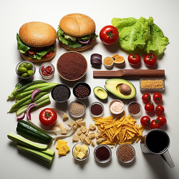 Set of food on white background