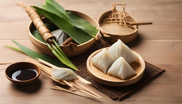 Photo a set of food with a wooden spoon and leaves on it