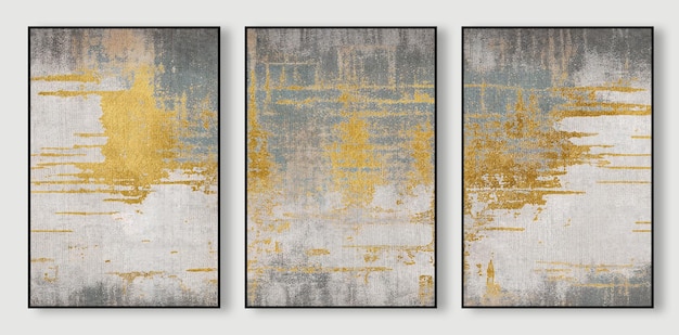 A set of four art pieces with gold and grey paint.