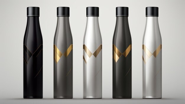 A set of four different bottles with gold and silver designs ai