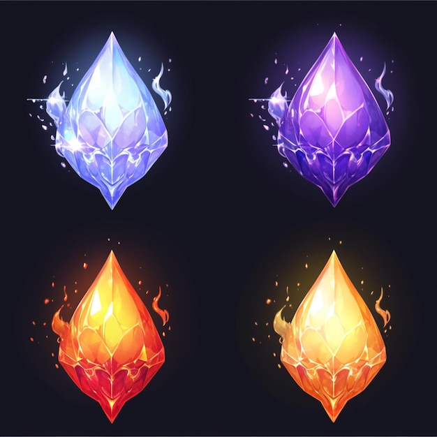 A set of four different colored gems with fire and water generative ai