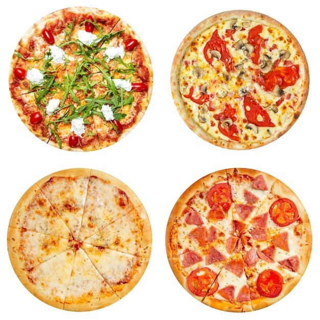 Set of four different pizzas isolated on white