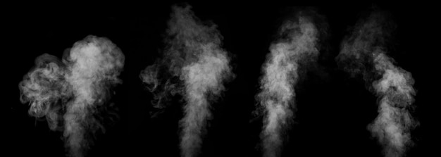 A set of four different types of swirling writhing smoke steam isolated on a black background for overlaying on your photos Horizontal and vertical steam Abstract smoky background