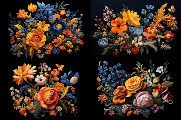 a set of four drawings of a bouquet of flowers