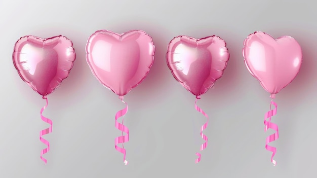 Set of four glossy pink realistic heart ballons from different sides and pink white ribbons