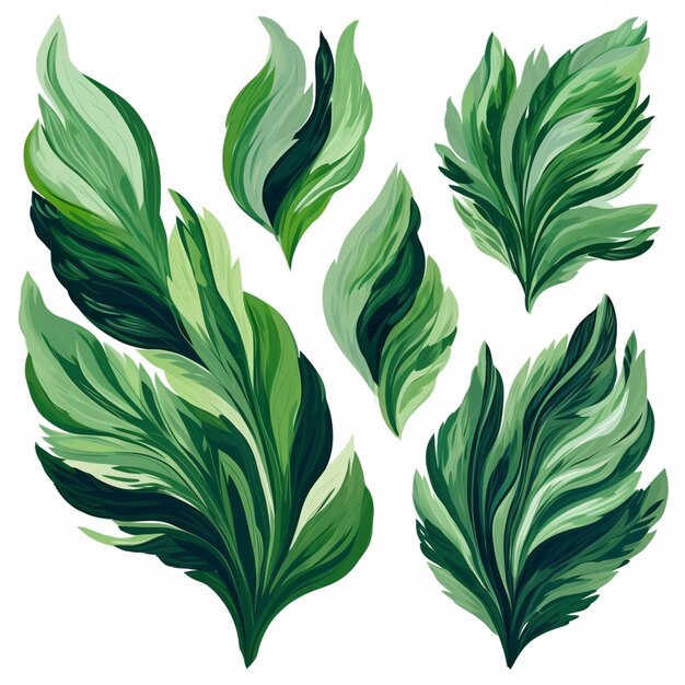 a set of four green leaves on a white background generative ai