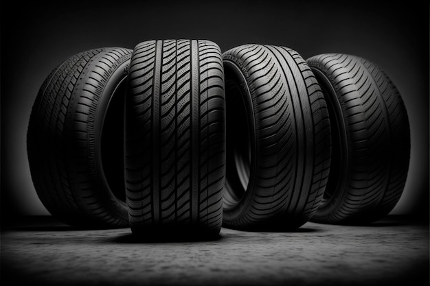 Set of four horizontally aligned black car tires on a black background