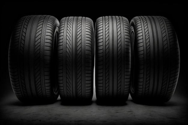 Set of four horizontally aligned black car tires on a black background