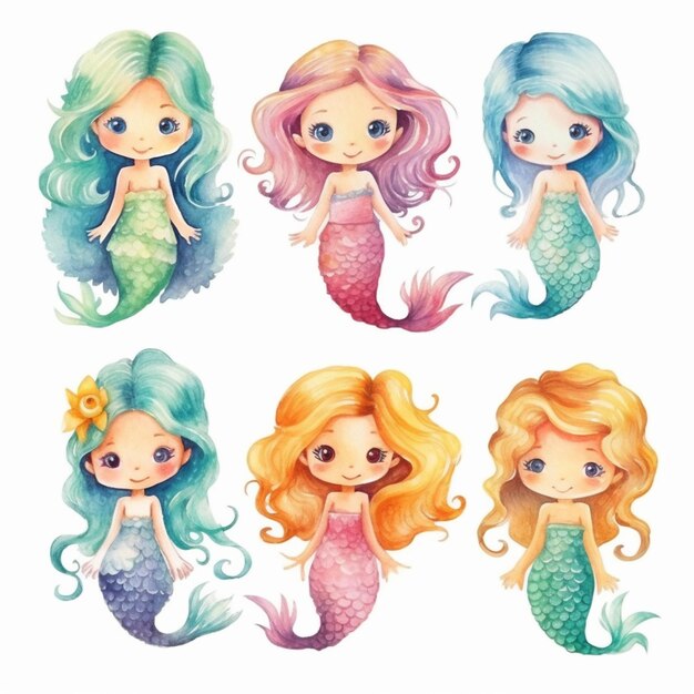 Photo a set of four mermaids with different colored hair generative ai