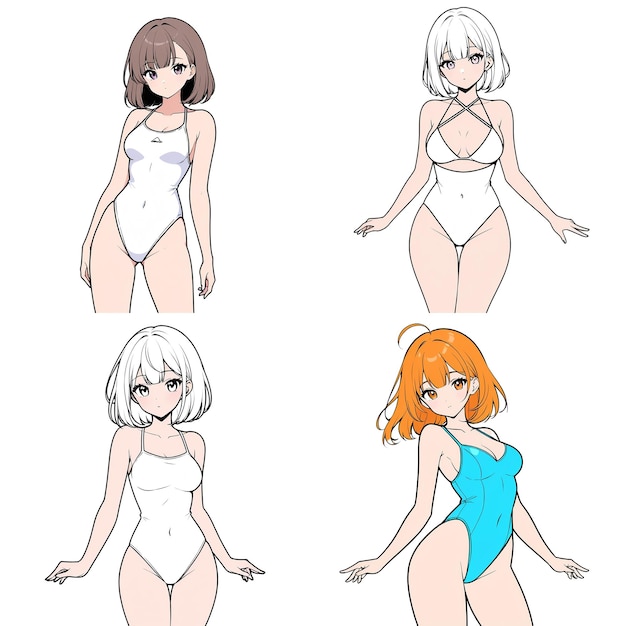 Set of four pencil drawings of girls in a swimsuit in kawaii