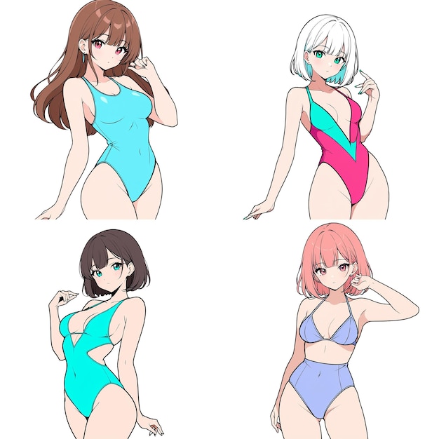 Photo set of four pencil drawings of girls in a swimsuit in kawaii