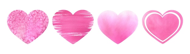 Un set di quattro cuori rosa con diverse trame illustrazione ad acquerello oggetti isolati da un grande set di san valentino per la decorazione, il design e le composizioni stampa poster adesivi