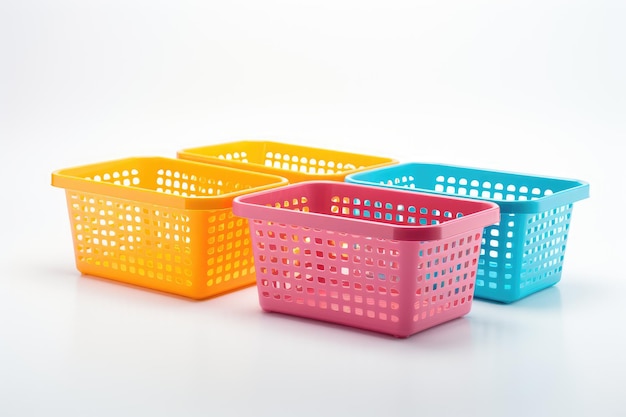 Набор из четырех пластиковых корзин Четыре пластиковых корзины разного размера и цвета аккуратно расположены на чистом белом фоне Корзины прямоугольной формы с ручками