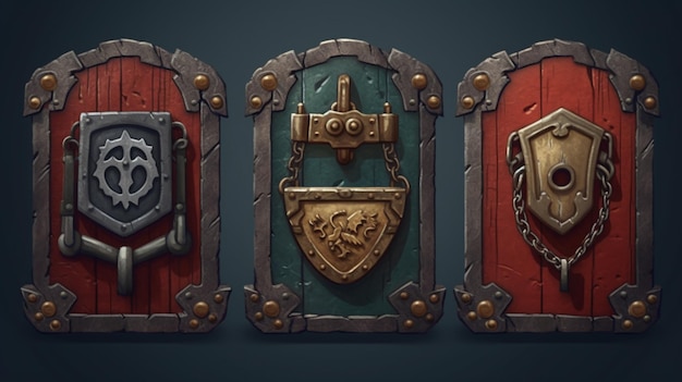 A set of four shield designs with a shield and a shield with a shield and a shield with the word war on it.