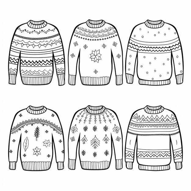 Photo a set of four ugly ugly sweaters with different patterns generative ai