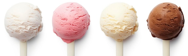 Set of four various ice cream balls or scoops isolated on white background