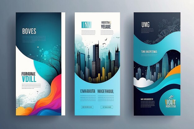 Set of four vertical brochure templates with modern and trendy backgrounds