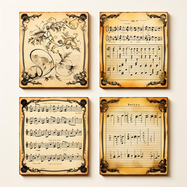 A Set Frame of Antique Sheet Music Paper With Yellowed Pages Musical Notati 2D Flat on White BG Art