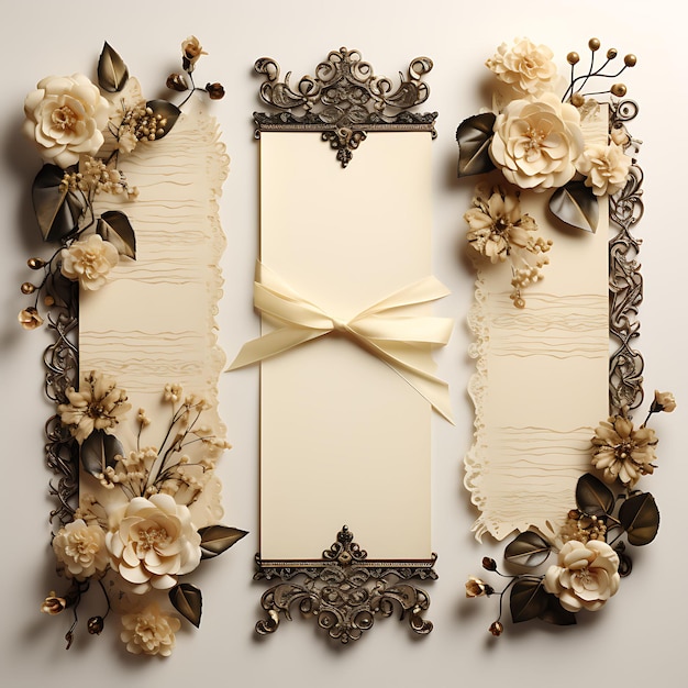 A Set Frame of Antique Wedding Invitation Paper Cream Color Elegant Calligr 2D Flat on White BG Art