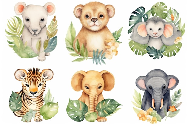 Set of frame with cute baby animals and tropical leaves leaves painted in watercolor on a white isolated background Generative AI