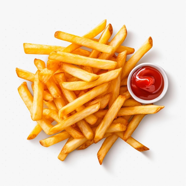 Set of french fries with ketchup isolated on white background top view