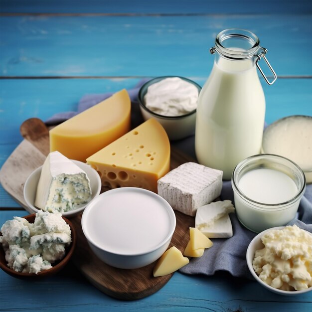 Set Of Fresh Dairy Products On A Blue Wooden Table