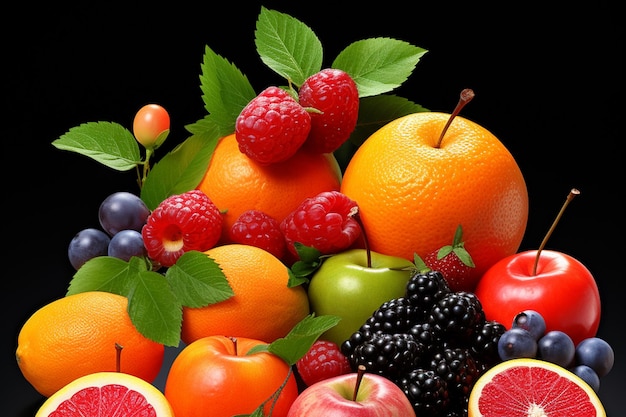 검은색 바탕에 신선한 과일 세트 건강한 식습관 개념