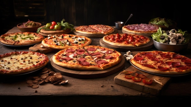 Set of Fresh Italian Pizzas on wooden table