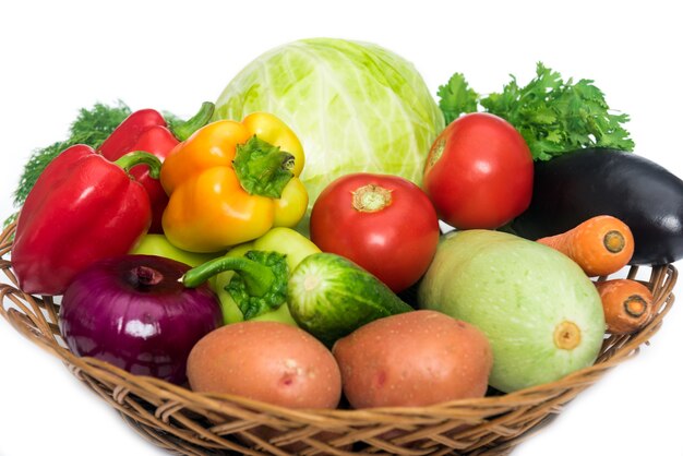 Set of fresh mixed vegetables on white background